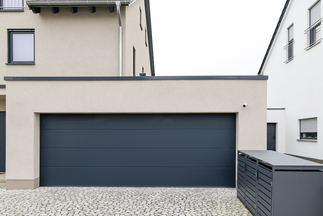 Suburban home with modern garage doors